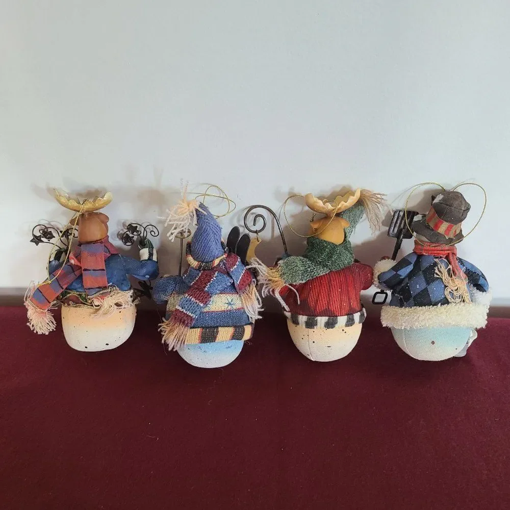 Vintage Fabric Mache Holiday Winter Christmas Ornaments Snowmen & Moose Set of 4